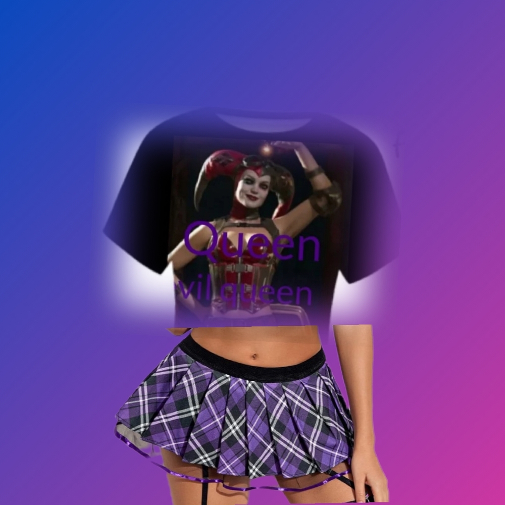 Harley Quinn Graphic Tee and Purple Plaid Skirt